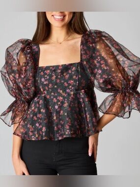 Buddy Love Black Floral Puff Sleeve Peplum Babydoll Top with Smocked Back